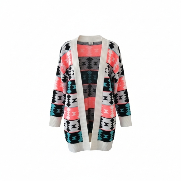 Coco Love Sweaters - Open-Front Aztec Knit Cardigan - Coral, Teal & Black